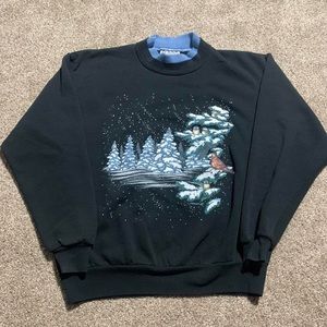 Vintage 1990s Cute Animal Nature Birds Snow Double Collar Crewneck Sweatshirt